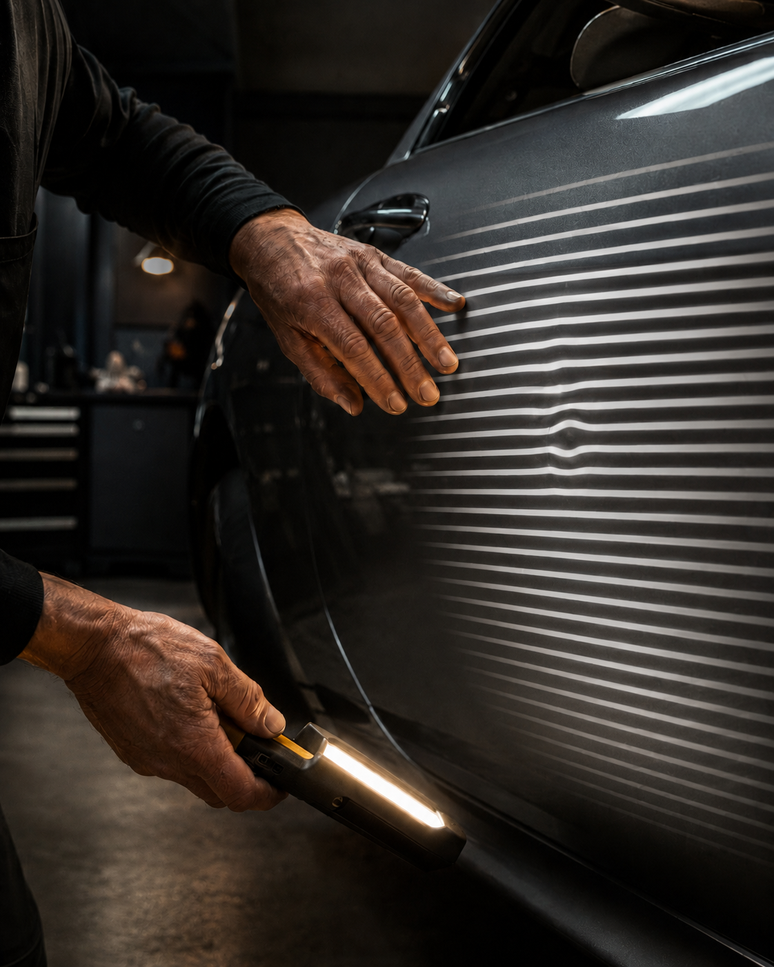Technician reads the panel under raking line-board light