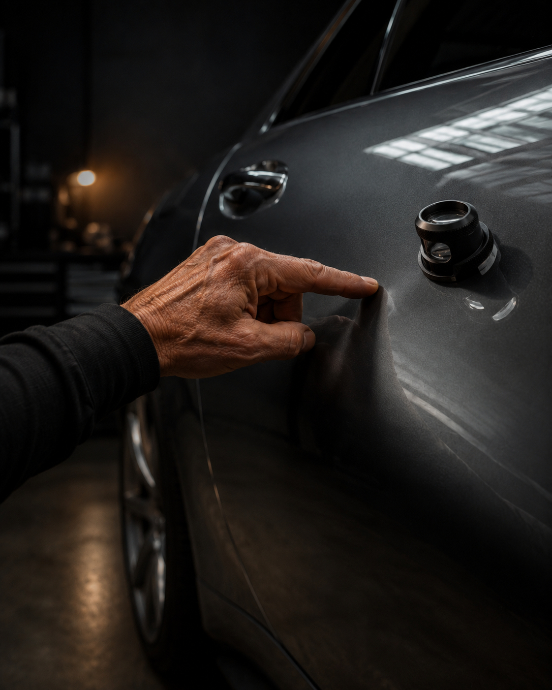 Technician traces the paint above a dent, deciding if PDR is the right call