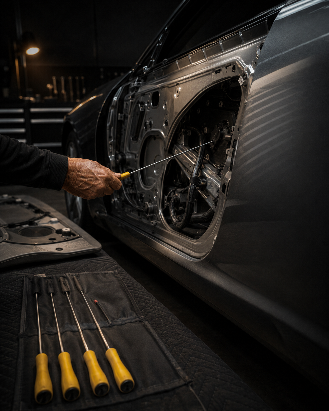 PDR rods laid out in a tool roll; a rod threads behind the door panel