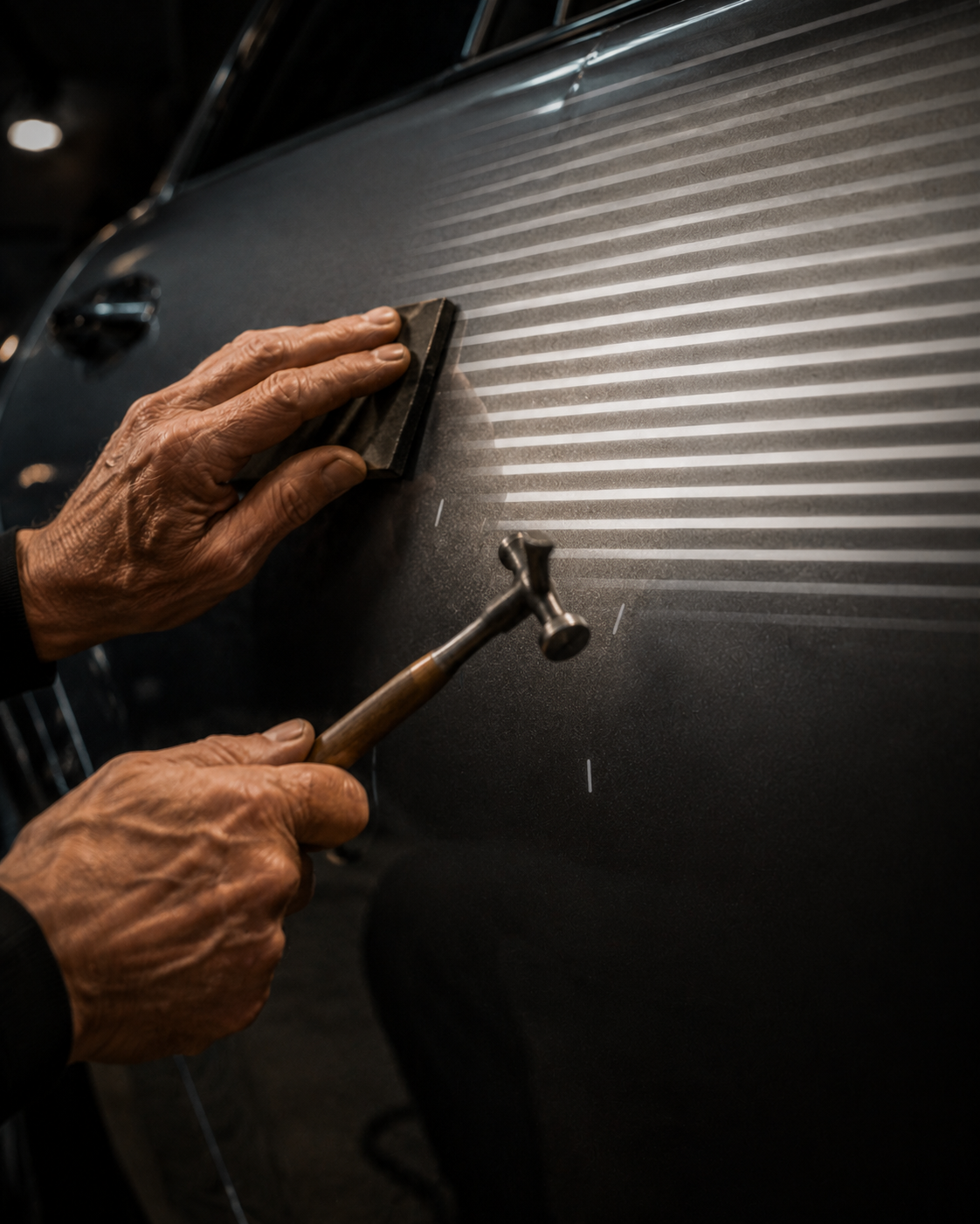 Blending hammer taps the high spots flush, line-board reflection running straight