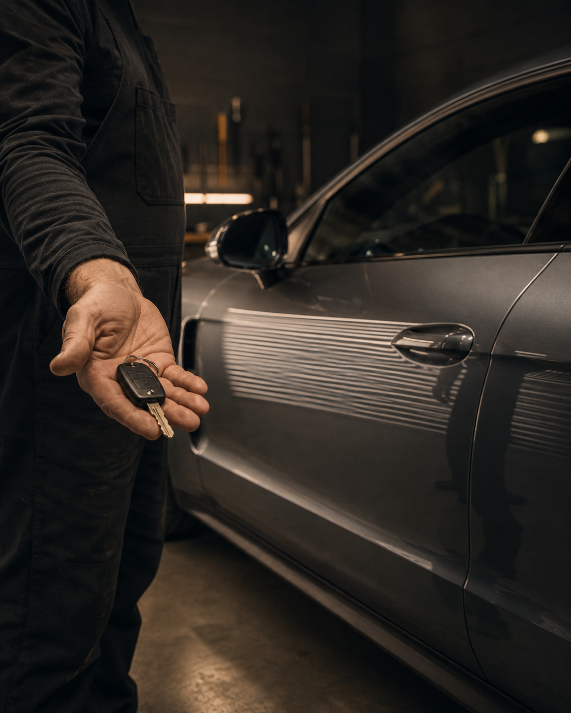 Technician hands the keys back beside the repaired panel