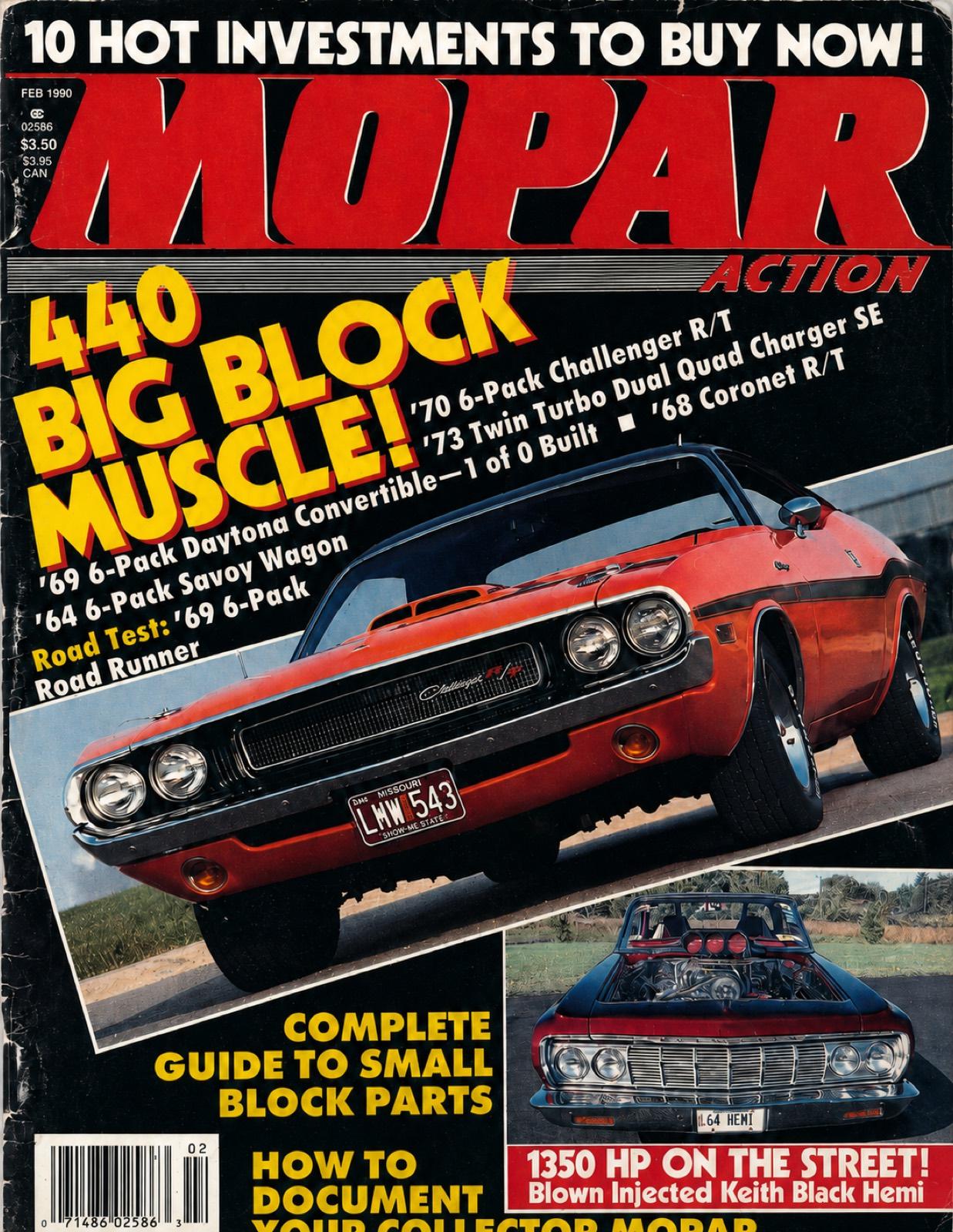 Cover of the February 1990 issue of Mopar Action magazine, headlined “440 Big Block Muscle!”, featuring a car painted by Rick Hummert