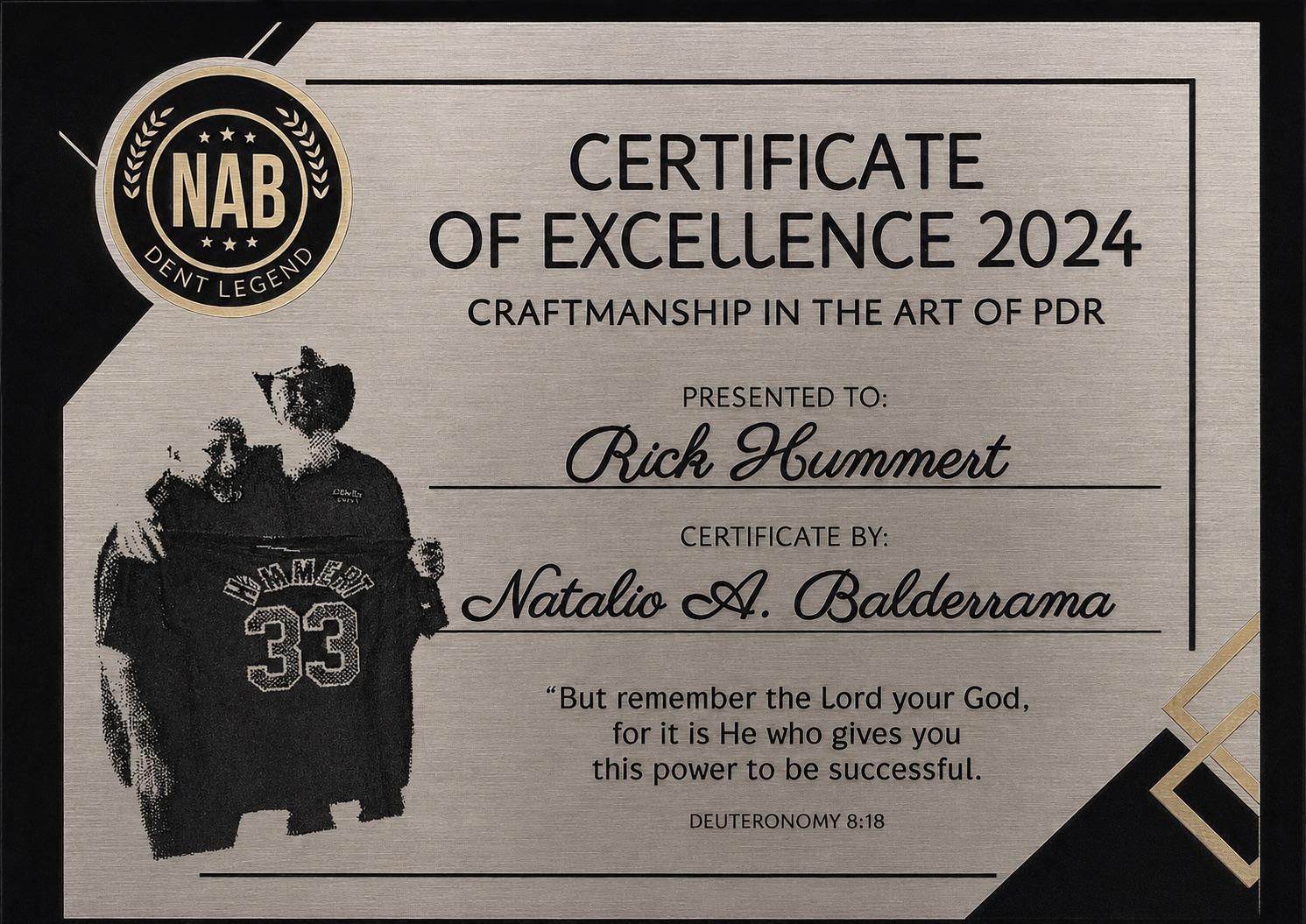 Brushed-metal plaque reading NAB Dent Legend Certificate of Excellence 2024, Craftmanship in the Art of PDR, presented to Rick Hummert, certificate by Natalio A. Balderrama